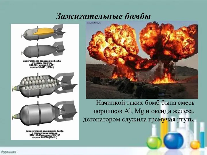 Зажигательные бомбы Начинкой таких бомб была смесь порошков Al, Mg и оксида