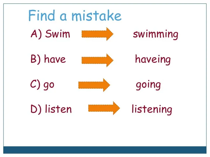 A) Swim swimming B) have haveing C) go going D) listen listening Find a mistake