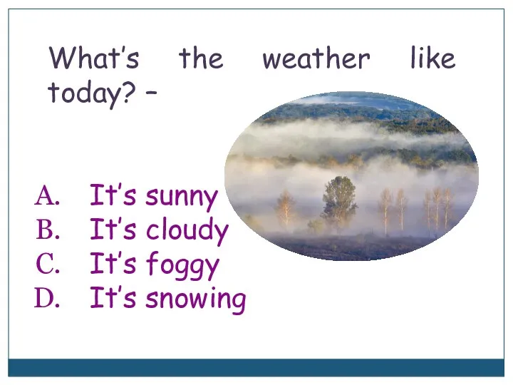 What’s the weather like today? – It’s sunny It’s cloudy It’s foggy It’s snowing