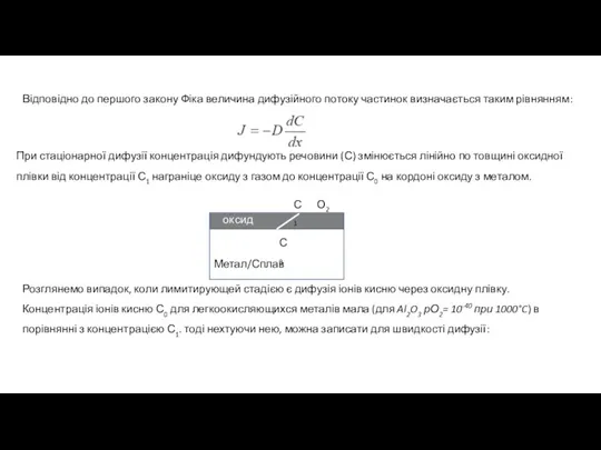 При стаціонарної дифузії концентрація дифундують речовини (С) змінюється лінійно по товщині оксидної