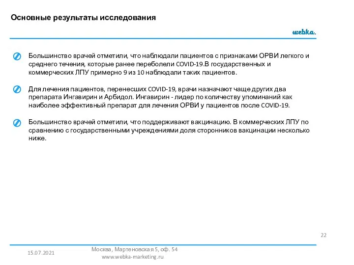 Основные результаты исследования 15.07.2021 Москва, Мартеновская 5, оф. 54 www.webka-marketing.ru Большинство врачей