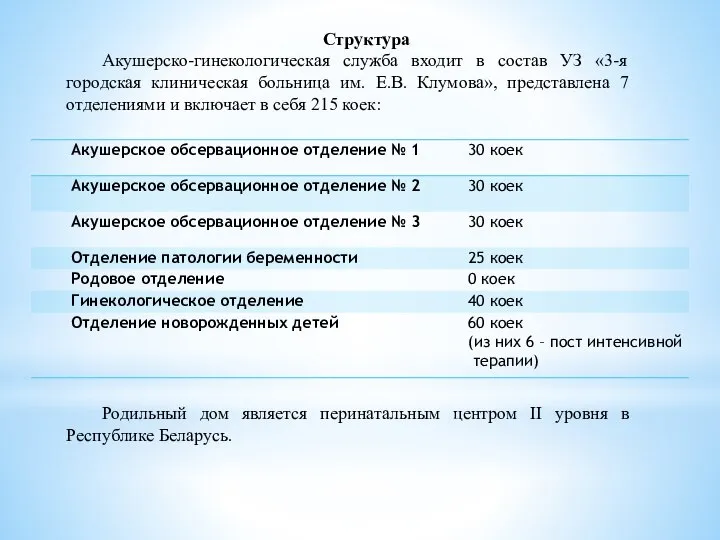 Структура Акушерско-гинекологическая служба входит в состав УЗ «3-я городская клиническая больница им.