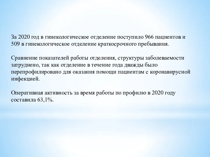 За 2020 год в гинекологическое отделение поступило 966 пациентов и 509 в