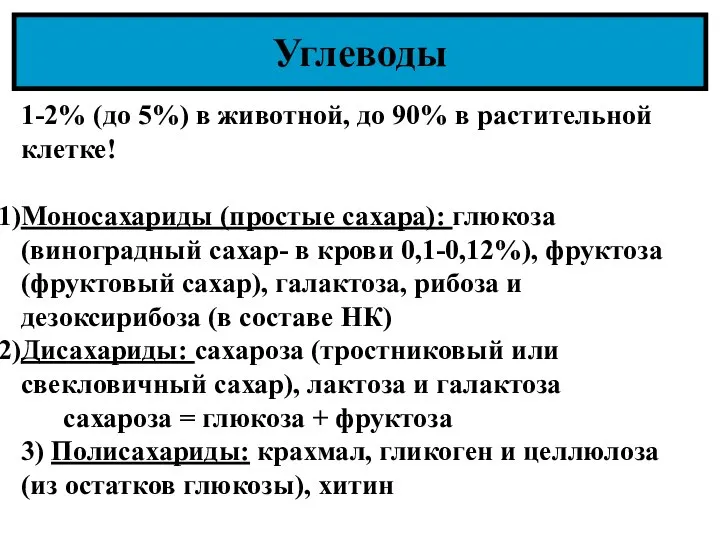 Углеводы 1-2% (до 5%) в животной, до 90% в растительной клетке! Моносахариды