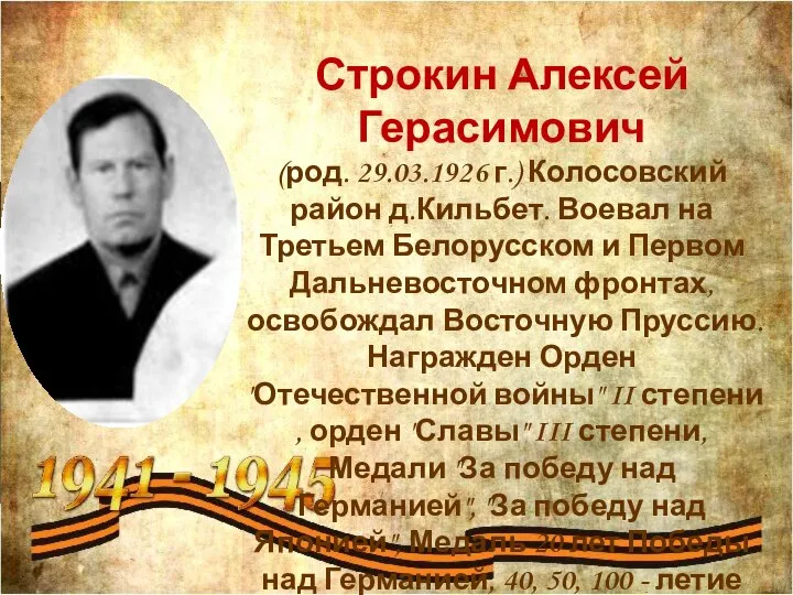 Строкин Алексей Герасимович (род. 29.03.1926 г.) Колосовский район д.Кильбет. Воевал на Третьем