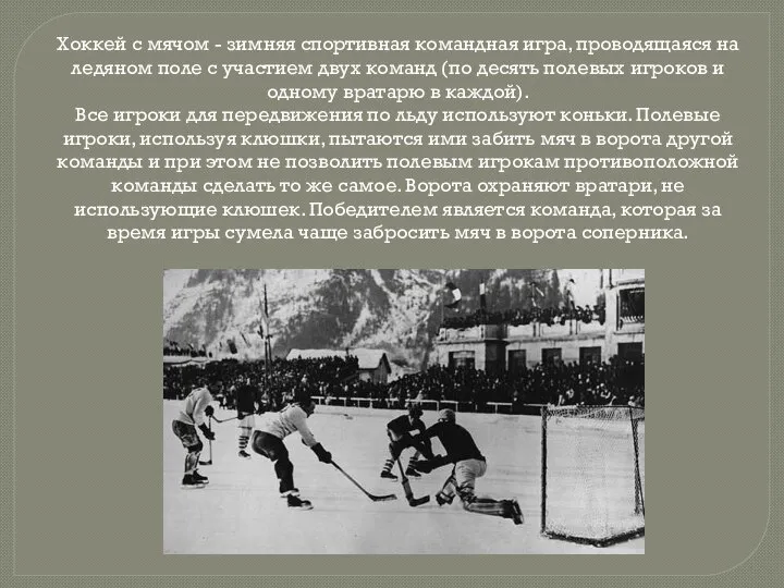 Хоккей с мячом - зимняя спортивная командная игра, проводящаяся на ледяном поле