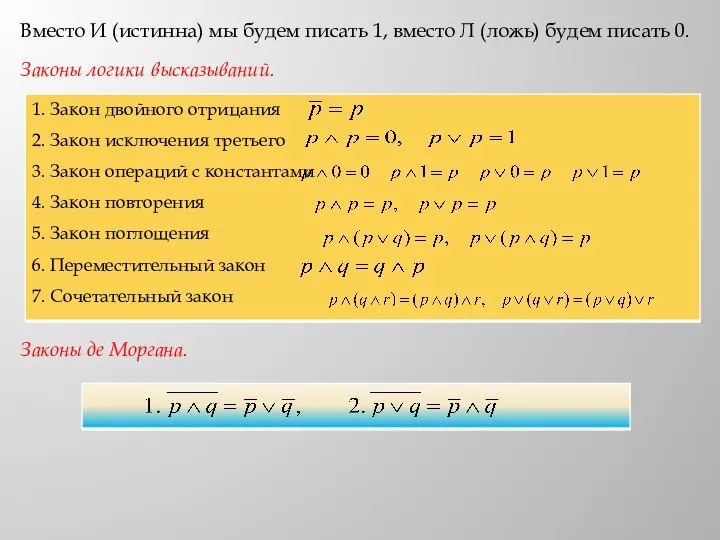 Вместо И (истинна) мы будем писать 1, вместо Л (ложь) будем писать