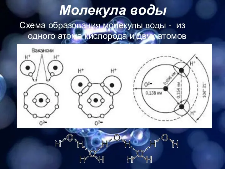 Молекула воды Схема образования молекулы воды - из одного атома кислорода и двух атомов водорода: