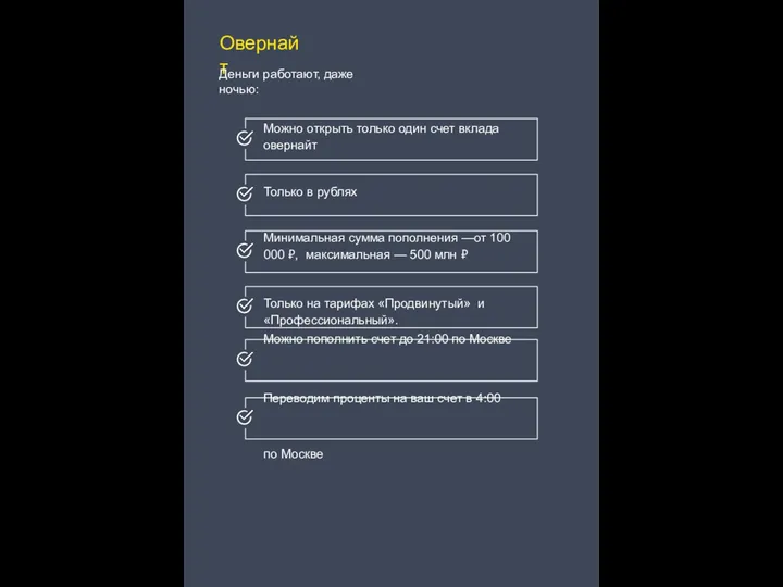 5 из 26 Овернайт Можно открыть только один счет вклада овернайт Только