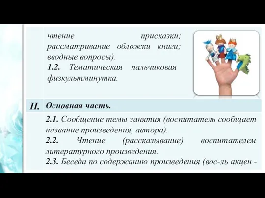 чтение присказки; рассматривание обложки книги; вводные вопросы). 1.2. Тематическая пальчиковая физкультминутка.