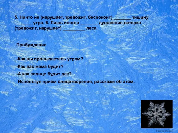 5. Ничто не (нарушает, тревожит, беспокоит) _______ тишину _______ утра. 6. Лишь