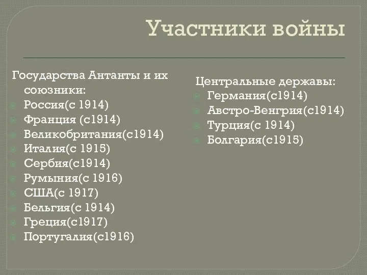 Участники войны Государства Антанты и их союзники: Россия(с 1914) Франция (с1914) Великобритания(с1914)