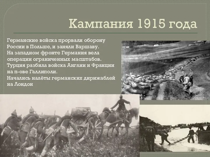 Кампания 1915 года Германские войска прорвали оборону России в Польше, и заняли