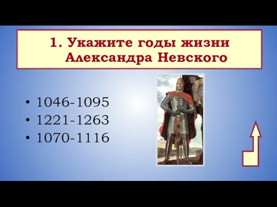 1. Укажите годы жизни Александра Невского 1046-1095 1221-1263 1070-1116