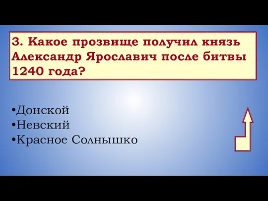 3. Какое прозвище получил князь Александр Ярославич после битвы 1240 года? Донской Невский Красное Солнышко