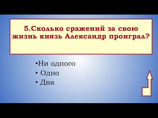 5.Сколько сражений за свою жизнь князь Александр проиграл? Ни одного Одно Два