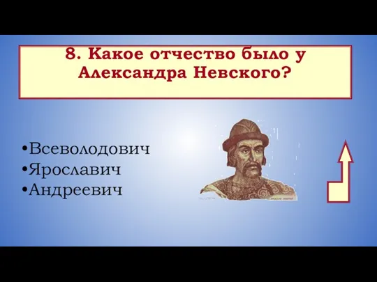 8. Какое отчество было у Александра Невского? Всеволодович Ярославич Андреевич