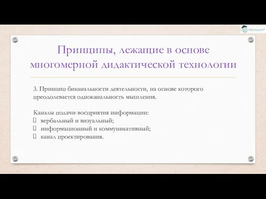 Принципы, лежащие в основе многомерной дидактической технологии 3. Принцип биканальности деятельности, на