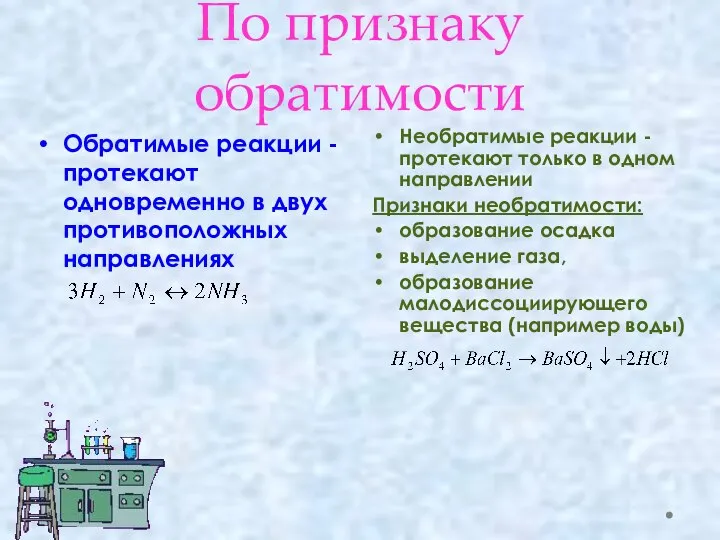 По признаку обратимости Необратимые реакции - протекают только в одном направлении Признаки