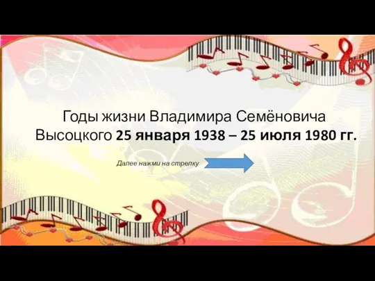 Годы жизни Владимира Семёновича Высоцкого 25 января 1938 – 25 июля 1980