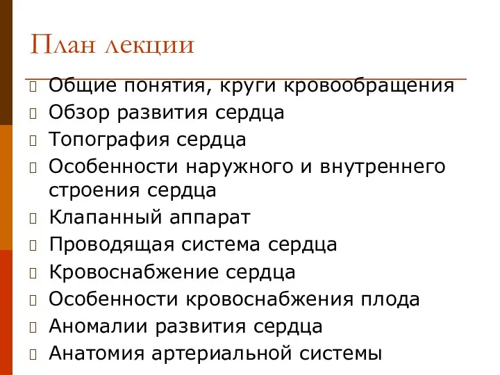 План лекции Общие понятия, круги кровообращения Обзор развития сердца Топография сердца Особенности