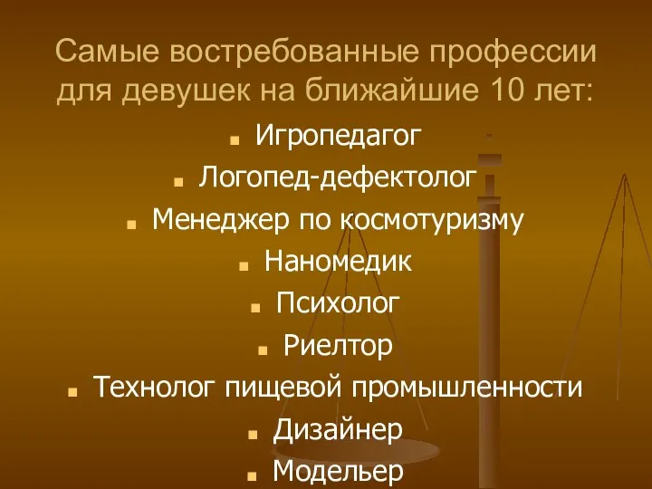 Самые востребованные профессии для девушек на ближайшие 10 лет: Игропедагог Логопед-дефектолог Менеджер