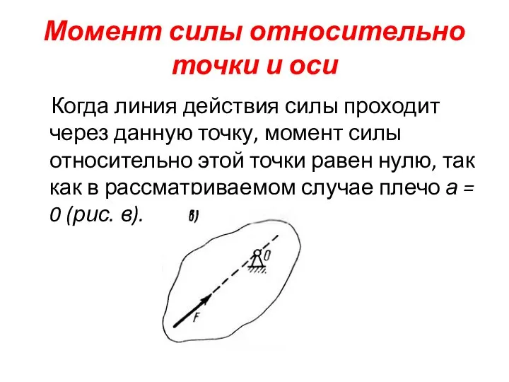 Момент силы относительно точки и оси Когда линия действия силы проходит через