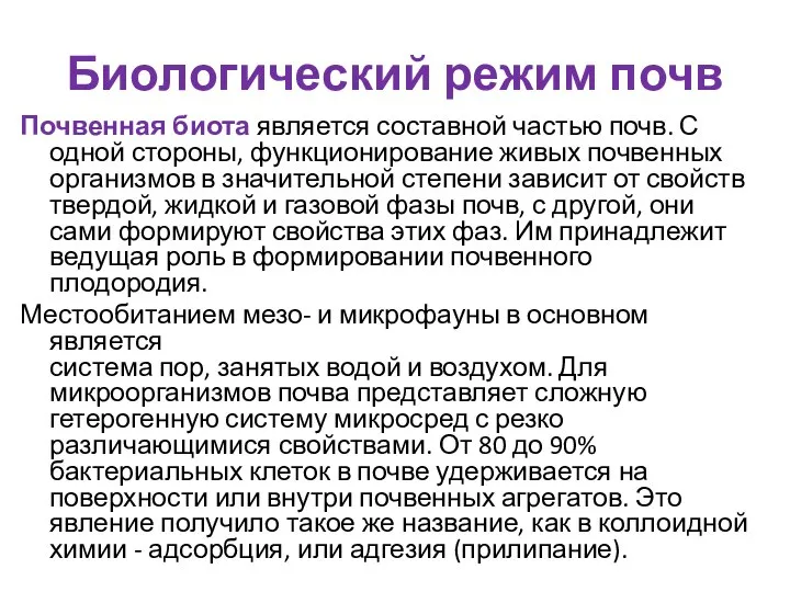 Биологический режим почв Почвенная биота является составной частью почв. С одной стороны,