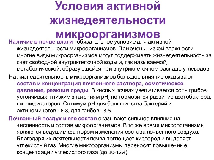 Условия активной жизнедеятельности микроорганизмов Наличие в почве влаги - обязательное условие для