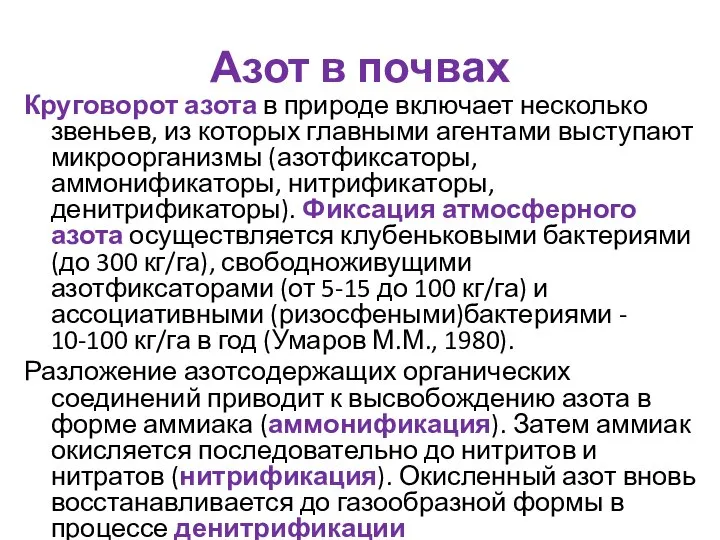 Азот в почвах Круговорот азота в природе включает несколько звеньев, из которых