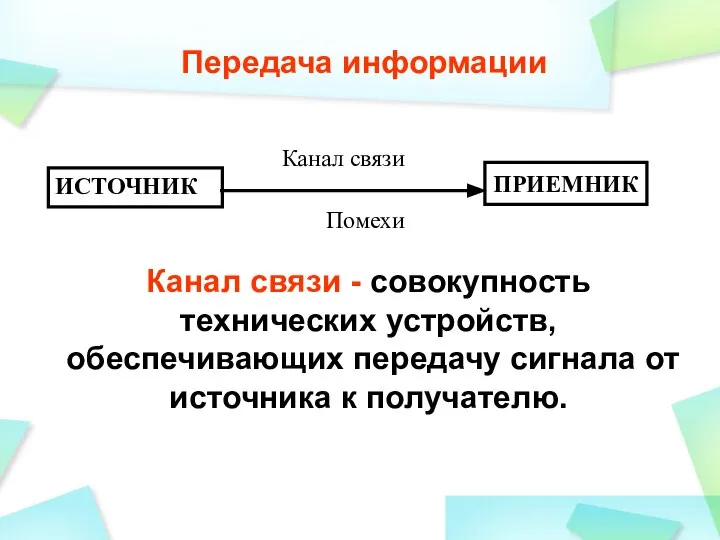 ИСТОЧНИК ПРИЕМНИК Канал связи Передача информации Канал связи - совокупность технических устройств,