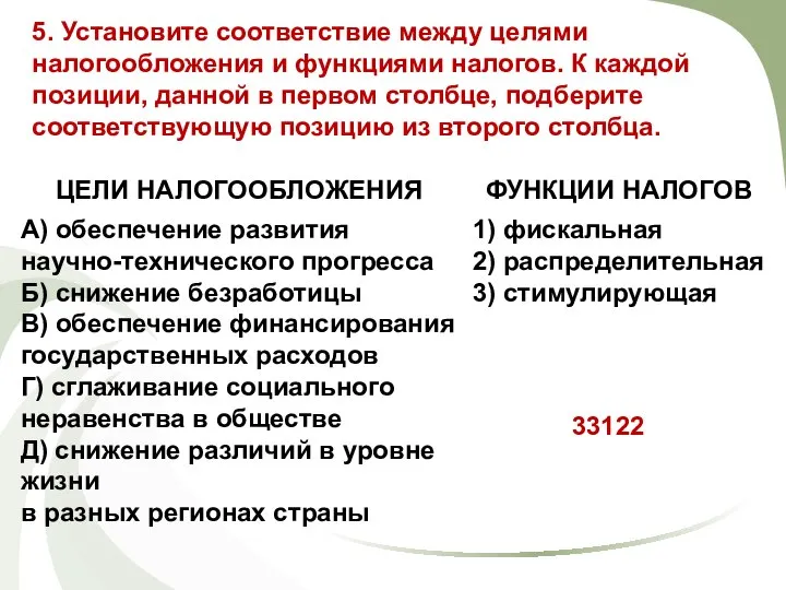 5. Установите соответствие между целями налогообложения и функциями налогов. К каждой позиции,