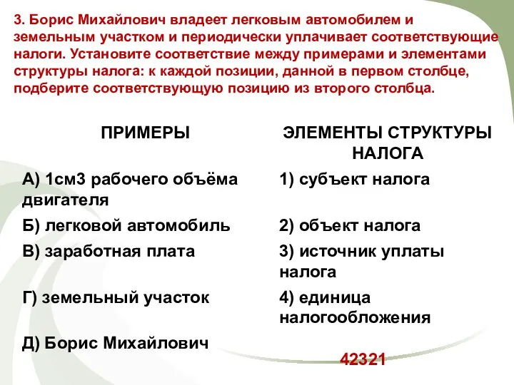 3. Борис Михайлович владеет легковым автомобилем и земельным участком и периодически уплачивает