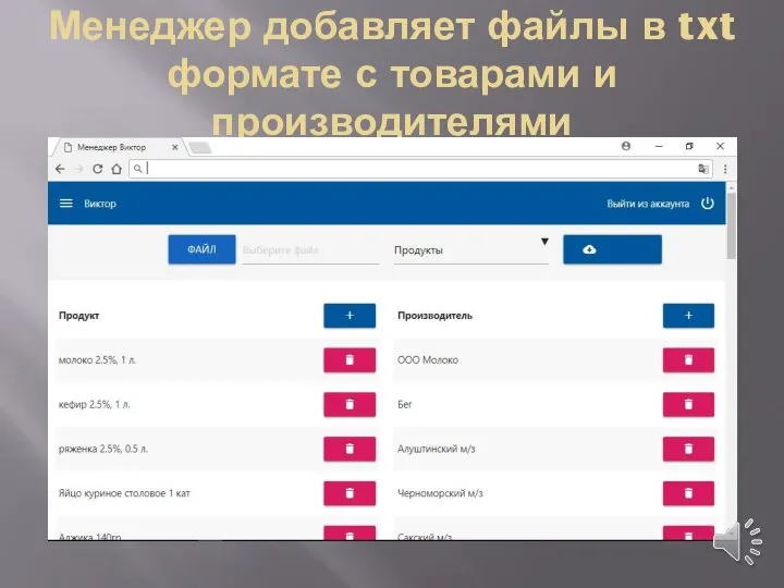 Менеджер добавляет файлы в txt формате с товарами и производителями