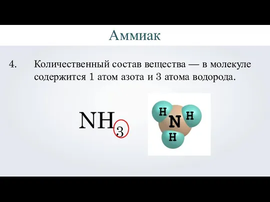 NH3 Количественный состав вещества — в молекуле содержится 1 атом азота и 3 атома водорода. Аммиак
