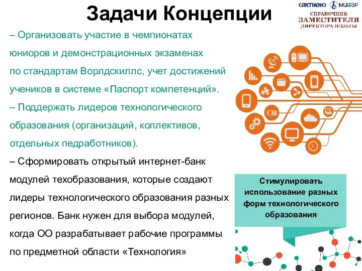 – Организовать участие в чемпионатах юниоров и демонстрационных экзаменах по стандартам Ворлдскиллс,