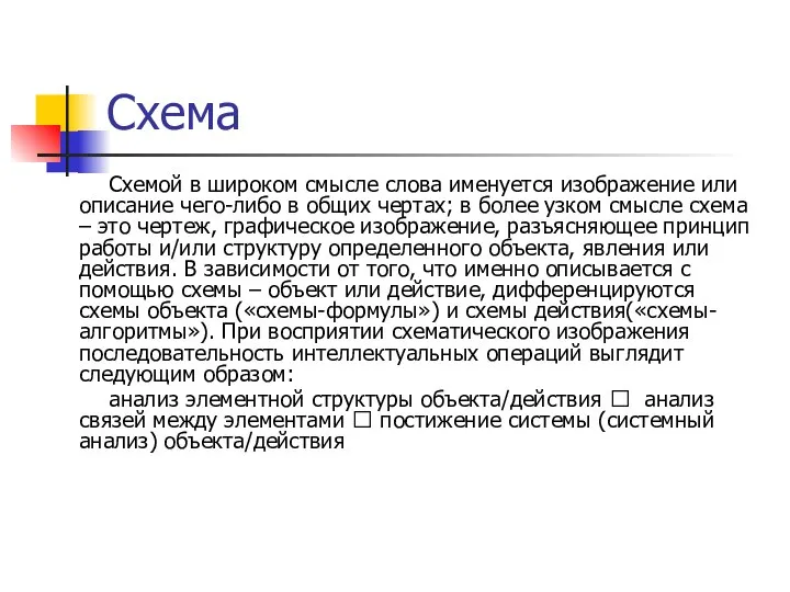 Схема Схемой в широком смысле слова именуется изображение или описание чего-либо в