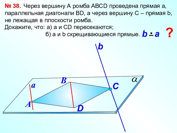 № 38. Через вершину А ромба АВСD проведена прямая а, параллельная диагонали