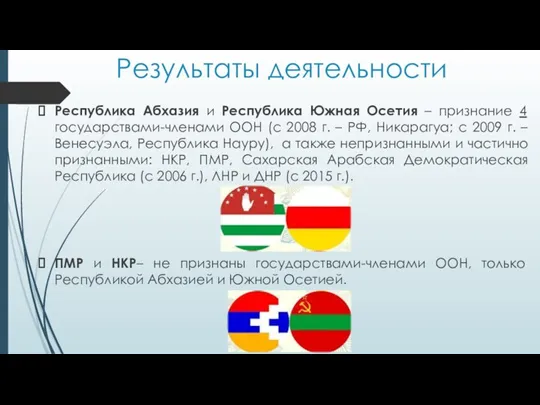 Результаты деятельности Республика Абхазия и Республика Южная Осетия – признание 4 государствами-членами