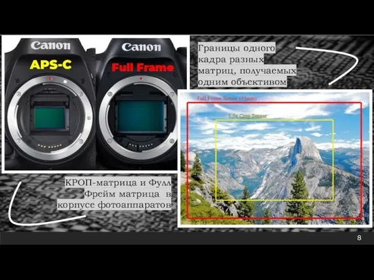 Границы одного кадра разных матриц, получаемых одним объективом КРОП-матрица и Фулл Фрейм