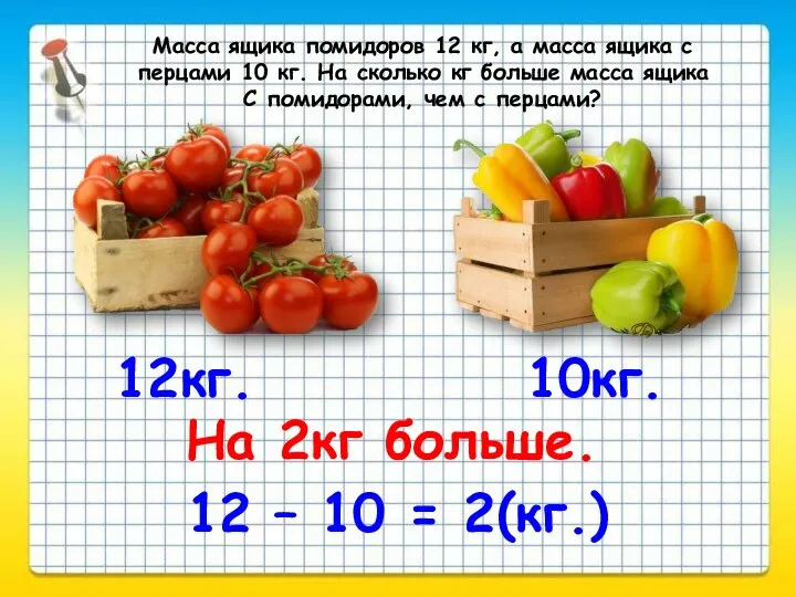 Масса ящика помидоров 12 кг, а масса ящика с перцами 10 кг.