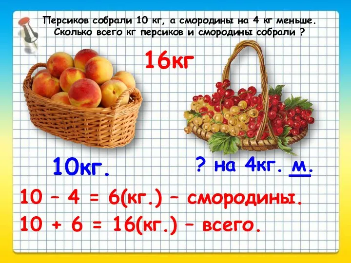 Персиков собрали 10 кг, а смородины на 4 кг меньше. Сколько всего