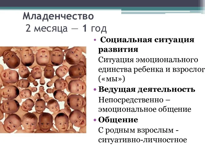 Младенчество 2 месяца — 1 год Социальная ситуация развития Ситуация эмоционального единства