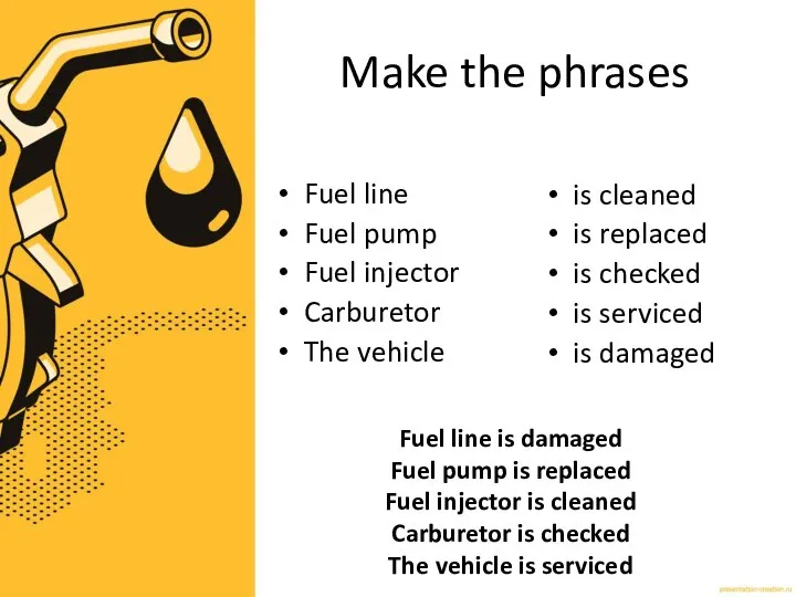 Make the phrases Fuel line Fuel pump Fuel injector Carburetor The vehicle