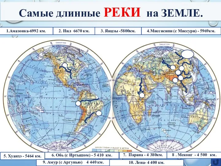 Самые длинные РЕКИ на ЗЕМЛЕ. 1.Амазонка-6992 км. 2. Нил 6670 км. 3.