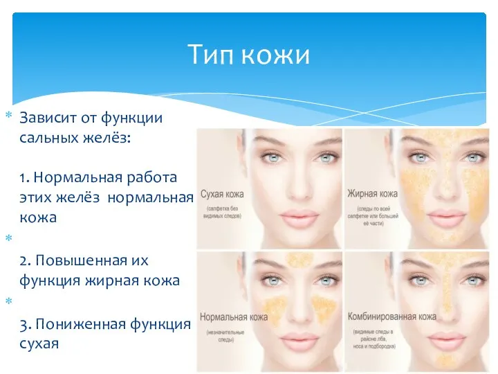 Зависит от функции сальных желёз: 1. Нормальная работа этих желёз нормальная кожа