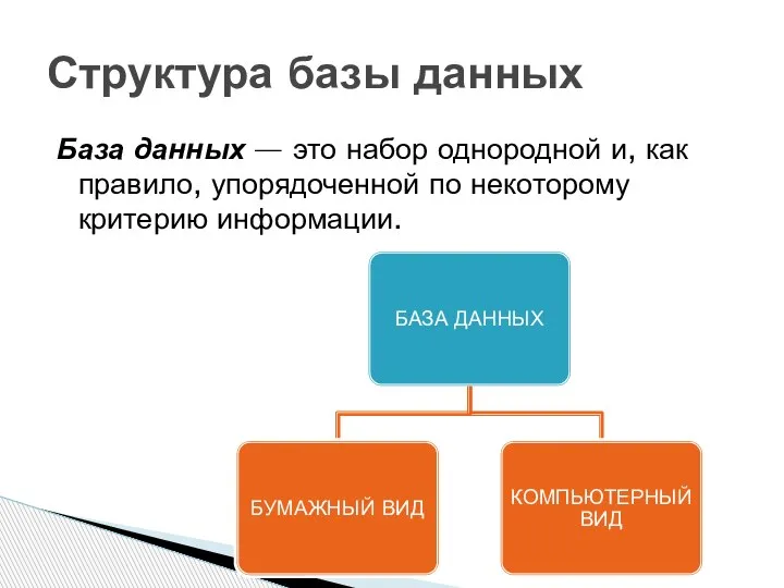 Структура базы данных База данных — это набор однородной и, как правило,