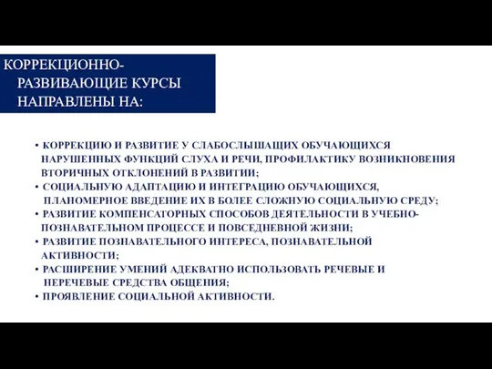 КОРРЕКЦИЮ И РАЗВИТИЕ У СЛАБОСЛЫШАЩИХ ОБУЧАЮЩИХСЯ НАРУШЕННЫХ ФУНКЦИЙ СЛУХА И РЕЧИ, ПРОФИЛАКТИКУ