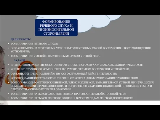 ЦЕЛИ РАБОТЫ ФОРМИРОВАНИЕ РЕЧЕВОГО СЛУХА; СОЗДАНИЕ МЕЖАНАЛИЗАТОРНЫХ УСЛОВНО-РЕФЛЕКТОРНЫХ СВЯЗЕЙ ВОСПРИЯТИЯ И ВОСПРОИЗВЕДЕНИЯ