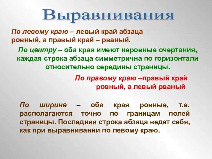 Выравнивания По левому краю – левый край абзаца ровный, а правый край